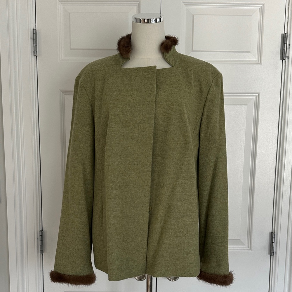 Vintage Givenchy Olive Green Parisian Wool Jacket Mink Fur Size 16W